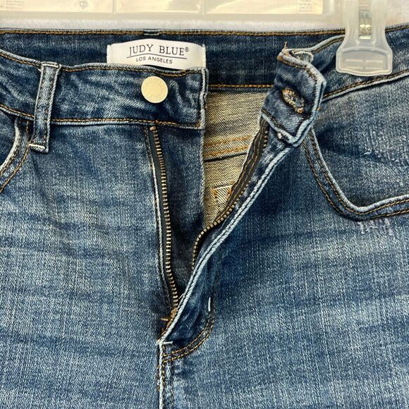 JUDY BLUE Jeans Size 11/30 Blue High Rise Wide Leg Crop Frayed Hem Stretch Denim - Picture 14 of 14